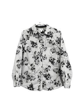 Floral Stripe Button Down Shirt Women M Black White Long Sleeve Office Top